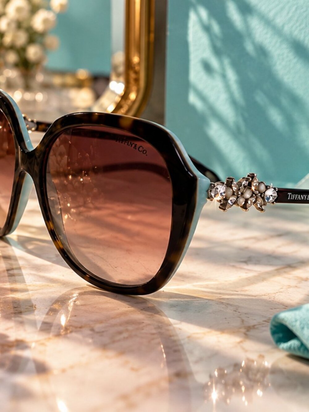 Tiffany & Co. Oversized Tortoiseshell Sunglasses with Crystal Floral Details